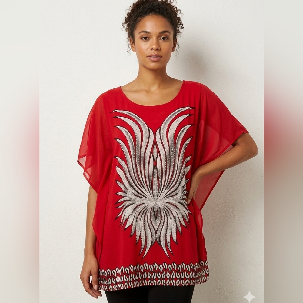 Ameri Mode Red Rhinestone Wing Embellished Tunic Top L/XL